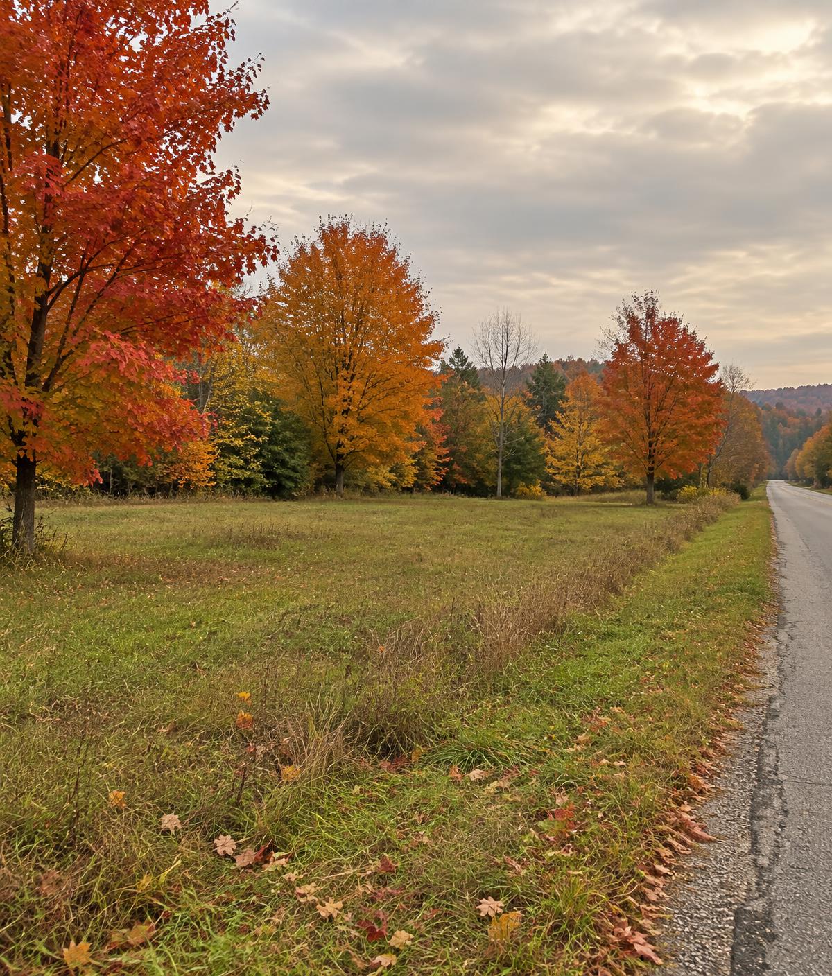 An open grassy lot beside a country road in fall